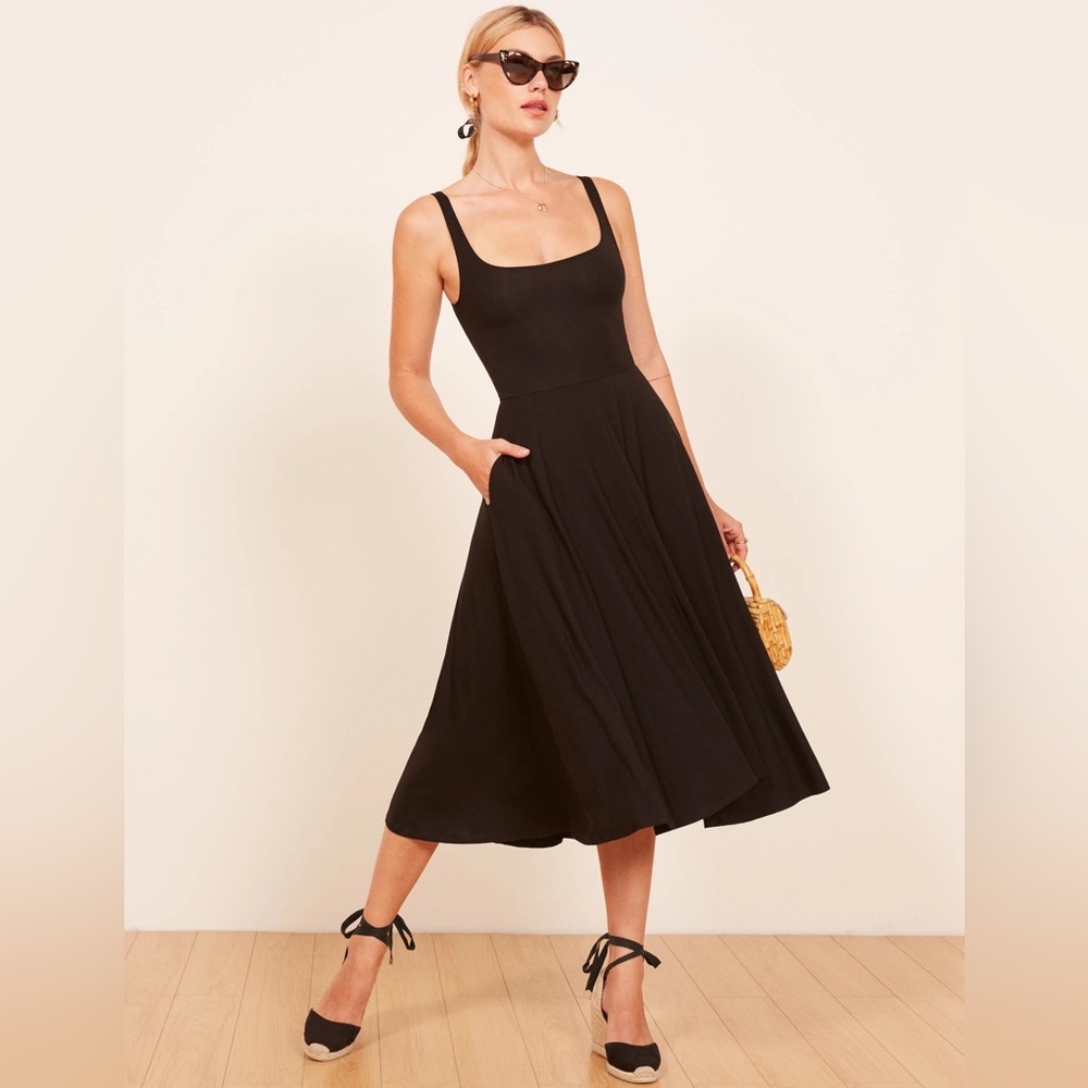 Reformation Rou knit dress midi length, fit and flare, scoop-neck